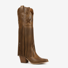 Tuhoomall Comfortable Western Knee-High Boots with Fringe and Studs for Fashion, Party, and Performance - 7.5cm Chunky Heel, All-Season Wear