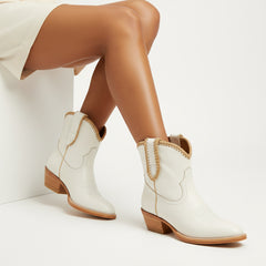 Tuhoomall Comfortable Western Style Ankle Boots for Women, Casual Workwear, Round Toe, Chunky Heel, Seasonless, Woven Colorblock Design