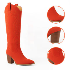 Tuhoomall Western Floral Embroidered Knee-High Boots for Women - Comfortable Slip-On Design with Chunky Heel for Parties and Daily Wear