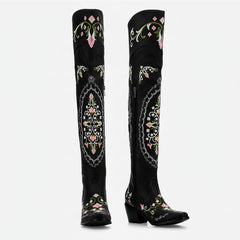 Tuhoomall Western Cowgirl Over-the-Knee Boots With Chunky Heel, Embroidered Floral Design, Comfortable Slip-On Style For Fashionable Outdoor Adventures Tuhoomall