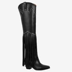 Tuhoomall Over-The-Knee High Heel Boots With Fringes And Studs For Party And Fashion Events