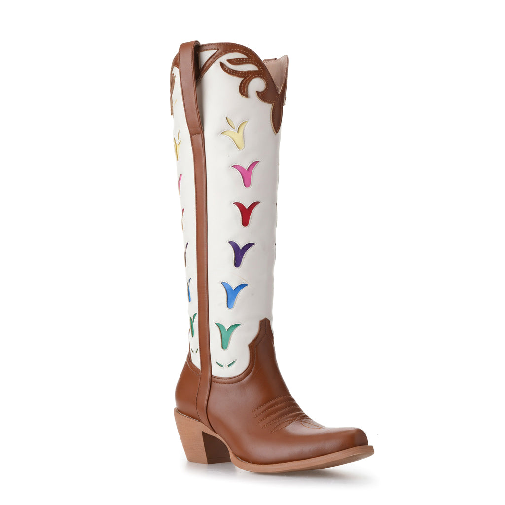 Tuhoomall Western Floral Embroidered Knee-High Boots, Chunky Heel Design, Slip-On Style for Travel and Casual Outings, Stylish Vegan Leather Tuhoomall