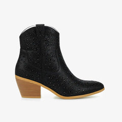 Tuhoomall Western LOW Heel Ankle Boots, Zipper Closure, Chic Rhinestone Detail, Solid Color, Perfect for Parties and All-Season Fashion Tuhoomall