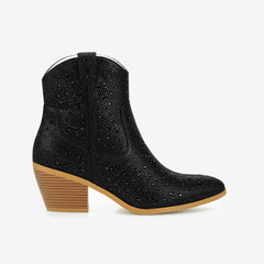 Tuhoomall Western LOW Heel Ankle Boots, Zipper Closure, Chic Rhinestone Detail, Solid Color, Perfect for Parties and All-Season Fashion
