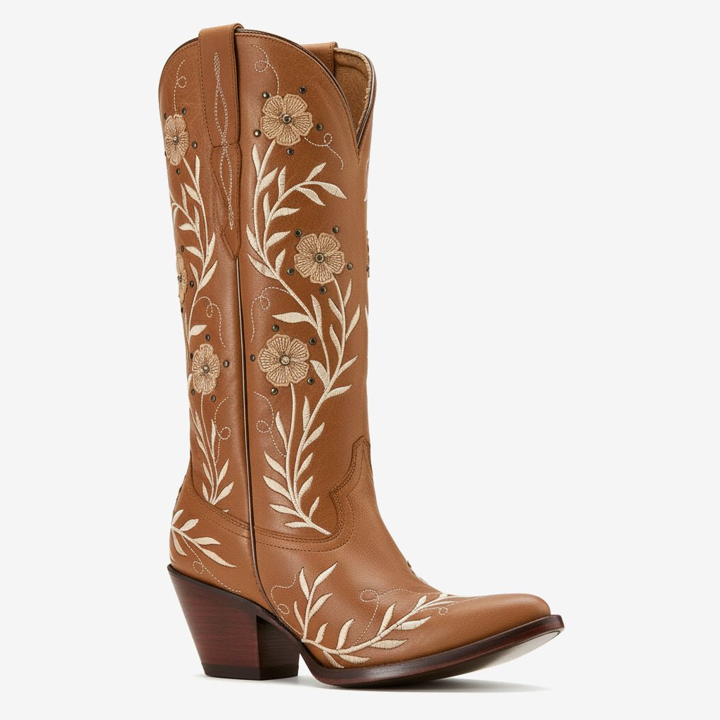 Tuhoomall Western Cowboy Knee High Boots with Floral Embroidery - Comfortable Chunky Heel for Casual, Work, Travel and Party Wear Tuhoomall