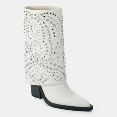 Tuhoomall Western Cowboy Boots For Women, Mid-Calf Foldable Design, Trendy Geometric Pattern, Chunky Heel, Sparkling Studs, Perfect For Outdoor Fashion