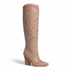 Tuhoomall Western Style Mid Calf Cowboy Boots with Chunky Heel, Pointed Toe, Zipper Closure, Studded Design, Vegan Leather, Ideal for Spring, Fall & Winter