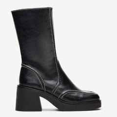 Tuhoomall Fashionable Casual Mid-Calf Boots for Travel and Outdoor, Comfortable Chunky Heels with Metal Zipper and Color Block Design