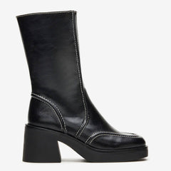 Tuhoomall Fashionable Casual Mid-Calf Boots for Travel and Outdoor, Comfortable Chunky Heels with Metal Zipper and Color Block Design Tuhoomall