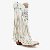 Tuhoomall Western Cowgirl Boots for Women, Slip-On Chunky Heel Mid Calf with Fringe, Durable Rubber Sole, Stylish Vegan Leather, Embroidered Design, All-Season Wear Tuhoomall