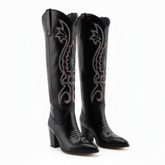 Tuhoomall Western Floral Embroidered Knee-High Boots for Women - Comfortable Slip-On Design with Chunky Heel for Parties and Daily Wear Tuhoomall