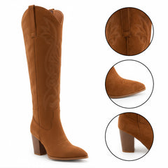 Tuhoomall Western Floral Embroidered Knee-High Boots for Women - Comfortable Slip-On Design with Chunky Heel for Parties and Daily Wear