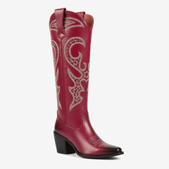Tuhoomall Western Style Knee High Boots With Rhinestones & Embroidery, Trendy Chunky Heels For Casual Office Wear, All Season Comfort