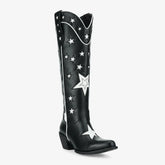 Tuhoomall Black Western Cowgirl Boots With Star Inlay, Chunky Heeled Mid Calf Design, Versatile Style For Weddings And Outdoor Events Tuhoomall
