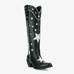 Tuhoomall Black Western Cowgirl Boots With Star Inlay, Chunky Heeled Mid Calf Design, Versatile Style For Weddings And Outdoor Events Tuhoomall