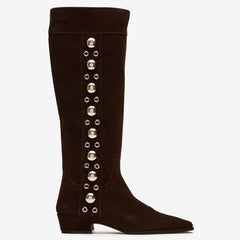 Tuhoomall Fashion Casual Knee High Boots for Women, Comfortable Low Chunky Heel, Lace Up, Studded Details, Perfect for Work and Everyday Style