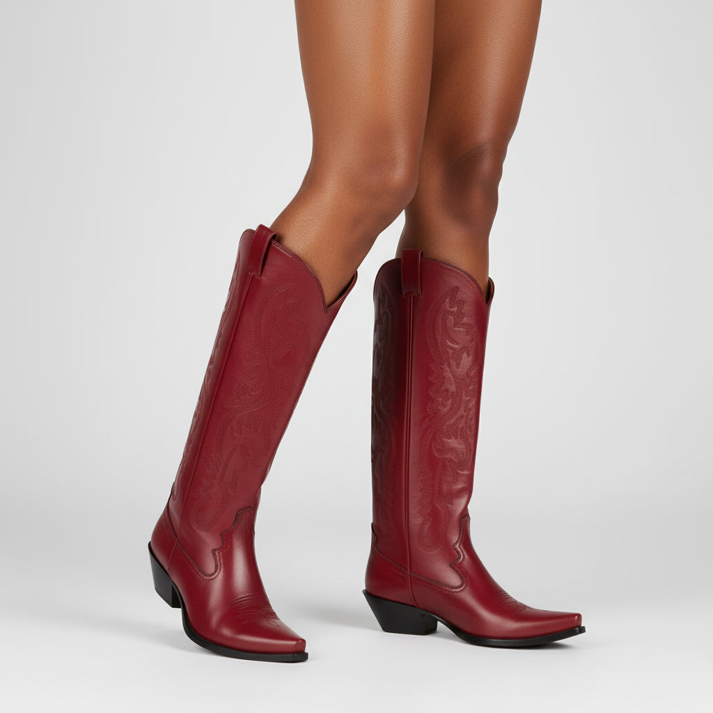 Tuhoomall Western Style Floral Embroidery Knee High Boots for Work - 5.6 cm Chunky Heel, Rubber Sole, Slip-On Design, Classic Fashion وترتیب Tuhoomall