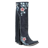 Tuhoomall Western Cowboy Boots for Women, Floral Embroidered Mid-Calf Chunky Heel, Trendy Fringe Detail, Perfect for Casual Outings and Performances Tuhoomall