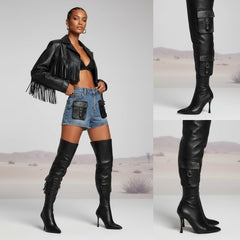 Tuhoomall Over-The-Knee Fashion Boots for Women, High Heels 9.5cm, Zipper Closure, Solid Color with Pocket and Metal Buckle, Perfect for Parties and Performances