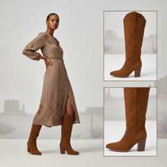 Tuhoomall Western Floral Embroidered Knee-High Boots for Women - Comfortable Slip-On Design with Chunky Heel for Parties and Daily Wear