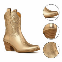 Tuhoomall Comfortable Western Ankle Boots for Fashion, Travel, and Leisure - Embroidered Genuine Leather, 5.5cm Chunky Heel, Slip-On Design