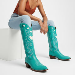 Tuhoomall Western Knee High Boots With Rubber Sole, 5cm Chunky Heel, Embroidered Sweet Pink Hearts For Casual Fashion All Year Round