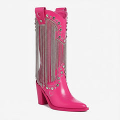 Tuhoomall Chunky Heel Western Rhinestone Booties with Fringes for Fashion Events, Pointed Toe, Slip-On Style, All-Day Comfort, Eye-Catching Design