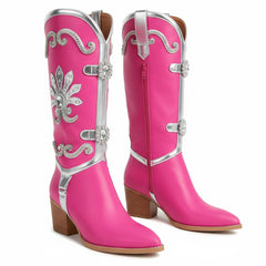 Tuhoomall Pink Rhinestone Pointed Toe Ankle Boots for Parties and Performances, Chunky Heel Fashion Footwear for Casual and Night Out