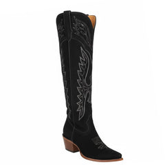 Tuhoomall Faux Suede Knee High Western Boots with Embroidered Eagles for Fashion, Travel, and Parties, 2.36 in Chunky Heel