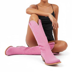 Tuhoomall Western Mid-Calf Boots for Women with Chunky Heel, Zipper Closure, Embroidered Faux Suede and Rivets, Casual Fashion for All Seasons