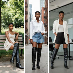 Tuhoomall Western Over-the-Knee Boots for Women, Chunky Heel, Snip-Toe, Embroidered, Slip-On, Distressed Style for Parties and Casual Outings