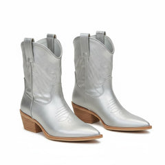 Tuhoomall Metallic Cowboy Ankle Boot with Chunky Block Heel, Pointed Toe, Embroidered Design for Casual Fashion Use, Vegan Leather, All Seasons
