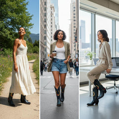 Tuhoomall Western Cowgirl Boots, Mid Calf Chunky Heel Slip-On, Floral Star Pattern, Comfortable Short Boots for Fashion Casual Lifestyle