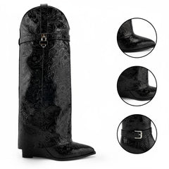 Tuhoomall Trendy Wedge Heeled Ankle Boots with Graphic Print for Parties and Fashion Shows, Slip-On Design, Relaxed Comfort