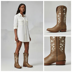 Tuhoomall Comfortable Western Boots for Women with Embroidery, Rubber Sole, Chunky 5cm Heel - Fashionable Casual Footwear for All Seasons