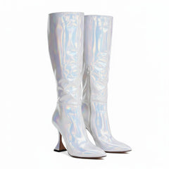 Tuhoomall Iridescent Mid Calf Stiletto Heeled Boots for Parties and Performances, Fashionable Vegan Leather, Pointed Toe, Easy Slip-On, 9.5cm Height