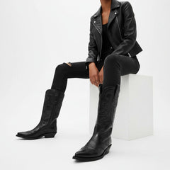 Tuhoomall Western Style Women's Mid-Calf Boots, Comfortable Low Heel, Elegant Embroidery for Parties and Casual Wear