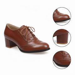 Tuhoomall Comfortable Vintage Style High Heel Dress Shoes for Office and Leisure Wear with Lace-Up Closure and Classic Round Toe Design