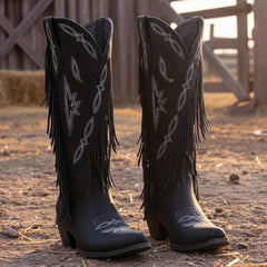 Tuhoomall Western Mid Calf Boots for Women, Embroidered Fringe Vegan Leather, 1.75" Heel, Stylish Retro Design for Casual Wear