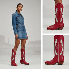 Tuhoomall Western Mid Calf Boots for Women with Rubber Sole, 5.1 cm Chunky Heel, Stylish Embroidery for Casual and Office Wear