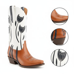 Tuhoomall Western Cowboy Boots for Women, Comfortable Floral Embroidered Mid-Calf Booties for Parties, Casual Wear and Events