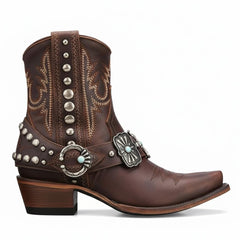 Tuhoomall Western Ankle Booties, Chunky Heel, Snip-Toe, Studded & Embroidered, All-Season Wear for Parties and Performances Tuhoomall