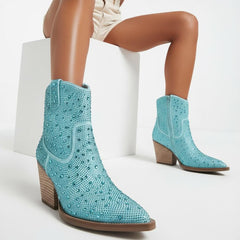 Tuhoomall Western Style Rhinestone Ankle Boots with Zipper Closure - Fashionable Suede Upper and Rubber Sole, Perfect for All Seasons