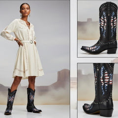 Tuhoomall Western Mid-Calf Boots for Women, Rubber Sole, 1.75 in Chunky Heel, Easy Slip-On, Stylish Embroidered Star Design for Casual and Travel