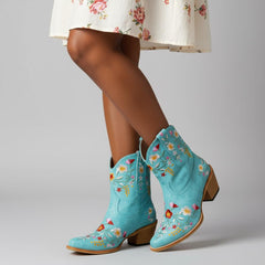 Tuhoomall Stylish Western Ankle Boots with Floral Embroidery, Rubber Sole, Chunky 5cm Heel for Classic and Casual Looks