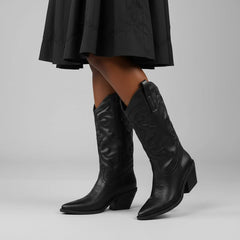 Tuhoomall Comfortable Western Boots for Women – 6cm Low Chunky Heel, Slip-On Design with Floral Embroidery - Fashionable All-Season Style