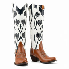 Tuhoomall Western Style Mid Calf Boots With Floral Embroidery - Casual Fashion Footwear For Travel And Parties, 2.00 In Heel, Snip Toe Design