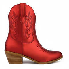 Tuhoomall Western Ankle Boots with Embroidered Pattern, 5cm Chunky Heel, Slip-On Design for Fashion and Travel, Durable Synthetic Fabric Lining