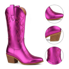 Tuhoomall Western Chunky Heel Women's Cowboy Boots, Comfortable Slip-On, Retro Embroidered Design, Non-Slip Sole for Travel and Casual Wear