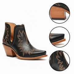 Tuhoomall Stylish Women's Ankle Boots, Chunky 2.36 in Heel, Slip-On Design, Embroidered Details, All-Season Fashion